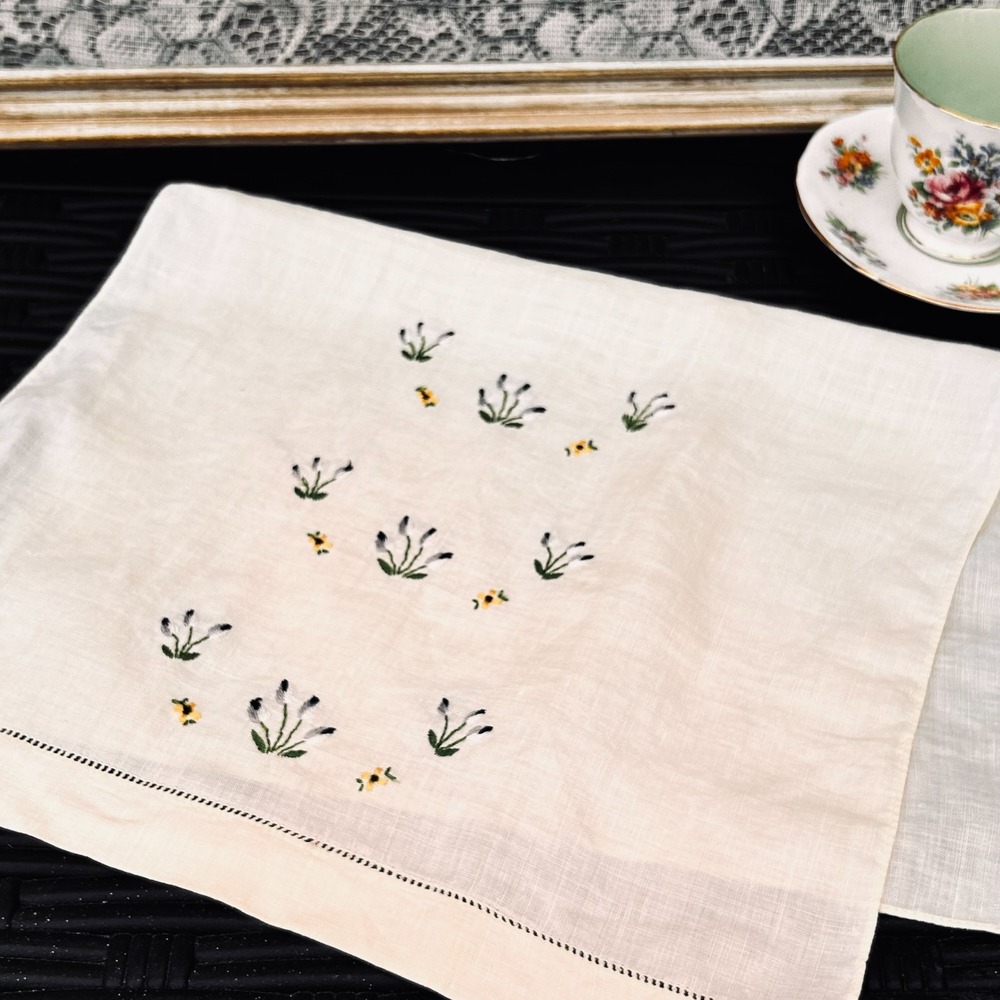 Yellow Vintage Hand Embroidered Multi Colored Flower Linen Tea Bathroom Towel